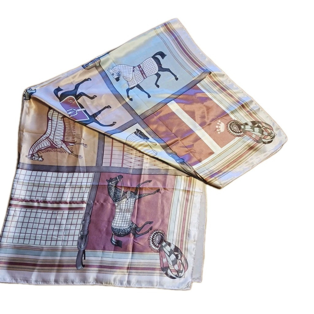 Vintage Equestrian Satin Horse Scarf Pastel Patchwork Large